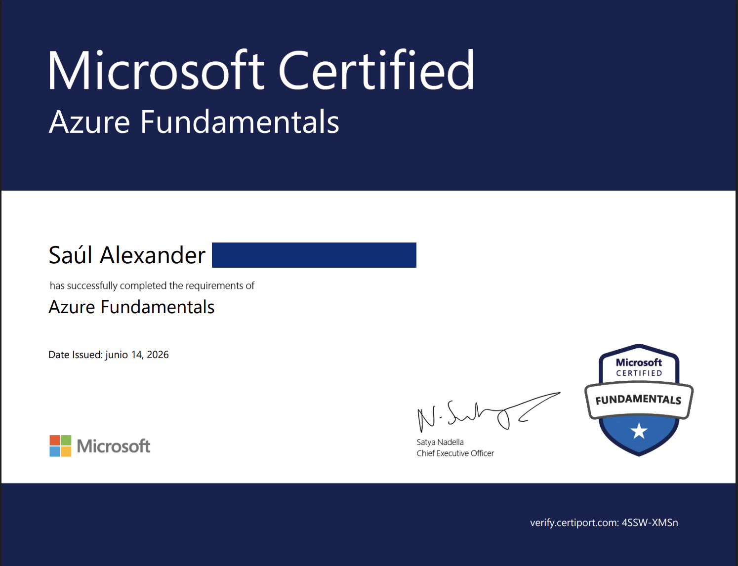 Alumno certificado Microsoft Azure Fundamentals